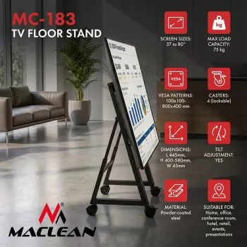 Maclean MC-183 Mobilais TV grīdas statīvs/ratiņi, 37-80 inch, VESA 800x400, 75kg, Riteņi ar bloķēšanu, Melns