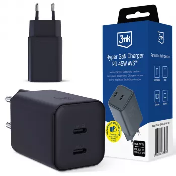 3MK Hyper Charger PD 45W GaN AVS QC4+ PPS AFC FCP DCP 2C Melns