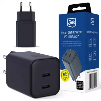 3MK Hyper Charger PD 45W GaN AVS QC4+ PPS AFC FCP DCP 2C Melns