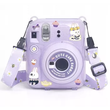 LOVEINSTANT Aizsargmaciņš Fujifilm Instax Mini 12 - Salds trusis, purpursarkans spīdums, ar uzlīmēm un foto kabatiņu