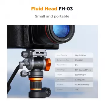 K&F Concept FH-03 Fluid Video Head, 5kg Load, Arca-Swiss, 1/4 inch-20 & 3/8 inch-16, Black