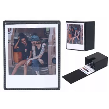 LOVEINSTANT Foto glabāšanas kaste 100 izdrukām – saderīga ar Fuji Instax Wide, Square, Polaroid 600, Now – melna ar skata logu