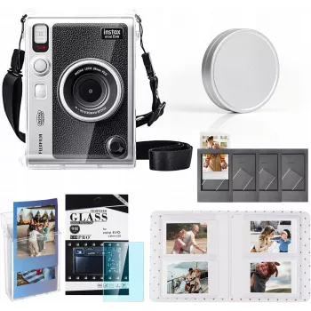 LOVEINSTANT 6-in-1 komplekts: caurspīdīgs cietais maciņš + rūdīta stikla ekrāna aizsargs + 64 kabatiņu fotoalbums + objektīva vāciņš + foto rāmīši + plecu siksna Fujifilm Instax Mini Evo