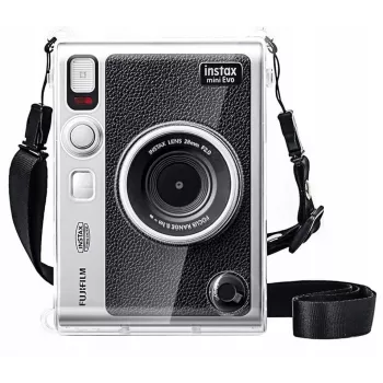 LOVEINSTANT 6-in-1 komplekts: caurspīdīgs cietais maciņš + rūdīta stikla ekrāna aizsargs + 64 kabatiņu fotoalbums + objektīva vāciņš + foto rāmīši + plecu siksna Fujifilm Instax Mini Evo
