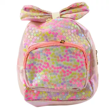 LEAN Bērnu mugursoma ar vizuļiem, ziediem, banti, gaiši rozā, 22cm, 2.8L