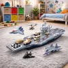 LEAN TOYS Liels militārais gaisa kuģu bāzes kuģis ar iznīcinātājiem, tankiem un transportlīdzekļiem 70cm
