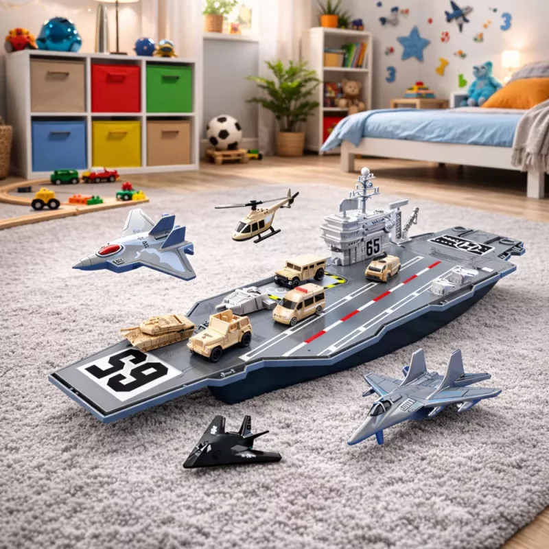 LEAN TOYS Liels militārais gaisa kuģu bāzes kuģis ar iznīcinātājiem, tankiem un transportlīdzekļiem 70cm