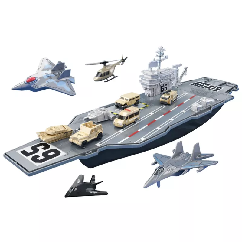 LEAN TOYS Liels militārais gaisa kuģu bāzes kuģis ar iznīcinātājiem, tankiem un transportlīdzekļiem 70cm