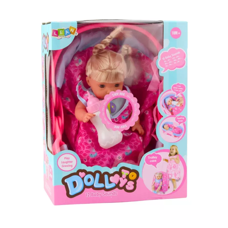 LEAN TOYS Bērnu lelle pārnēsāšanas somā ar pudelīti, knupīti, runā, muld, čurā
