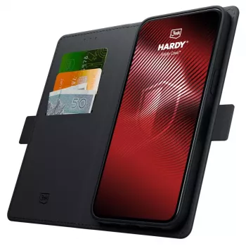 3MK PROTECTION Realme C35 Hardy Foldy Case - Melns PU ādas maks ar karšu slotiem un statīvu