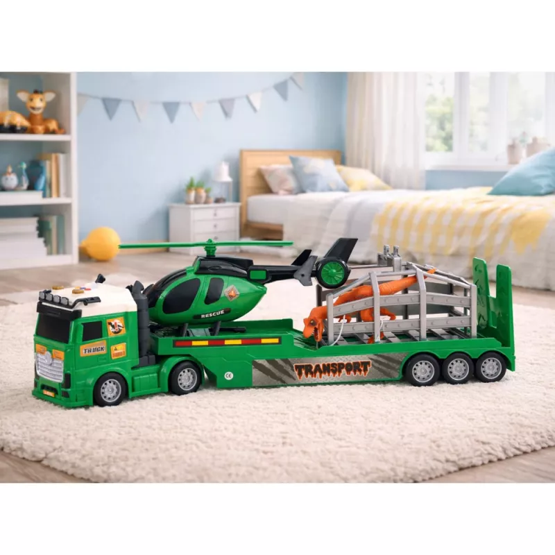LEAN TOYS Dinozauru transporta komplekts: Kravas auto, evakuators, helikopters, gaismas, skaņa