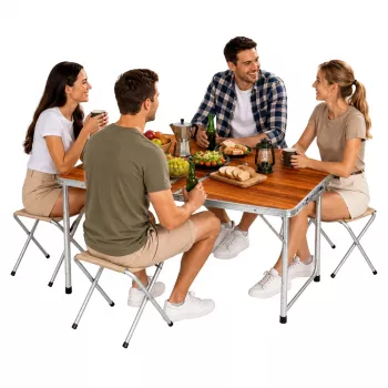 LEAN Kempinga mēbeļu komplekts - Saliekams galds un 4 ķebļi koka čemodānā