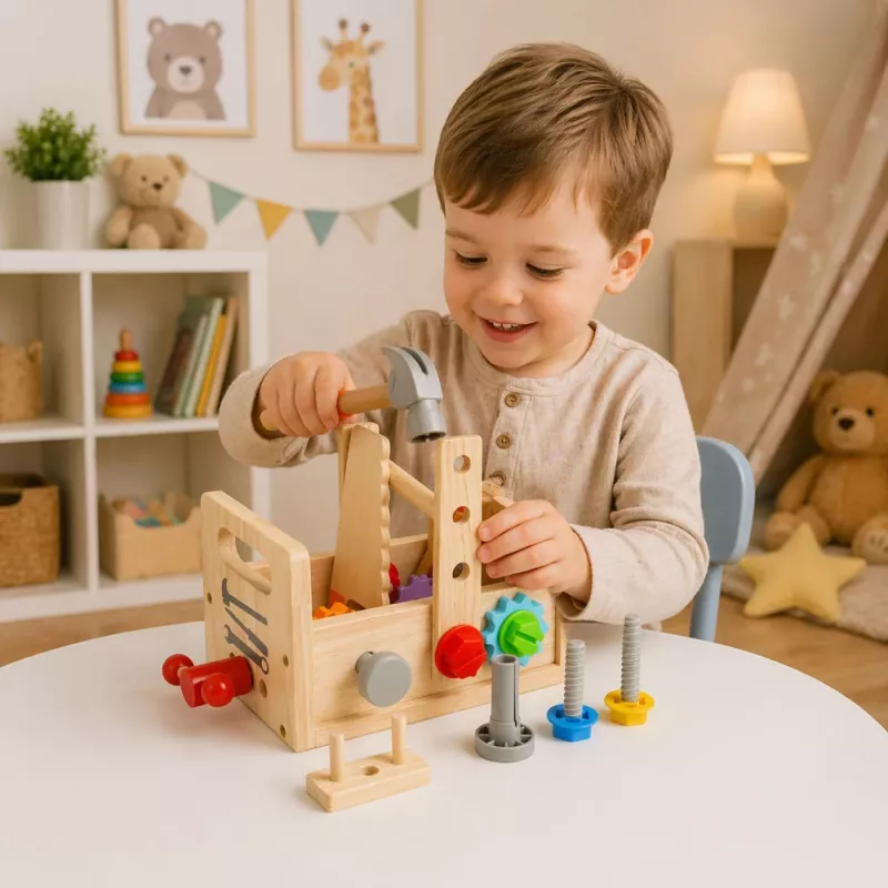 LEAN TOYS Koka instrumentu komplekts bērniem ar zobratiem un uzgriežņiem - 25 daļas, FSC koks, 3+ gadi