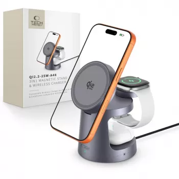 TECH-PROTECT A48 3-in-1 Magnetic MagSafe Wireless Charger 25W Qi2.2 Dark Grey