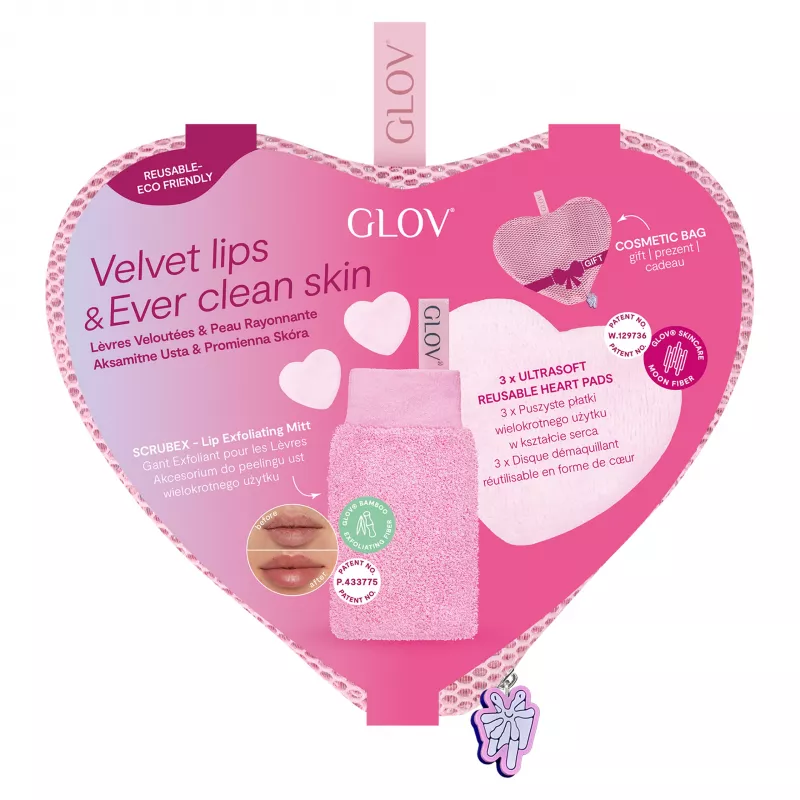 GLOV Set Velvet Lips Scrubex & Ultrasoft Reusable Heart Pads (3-Pack) - Lip Exfoliator & Facial Cleansing Pads