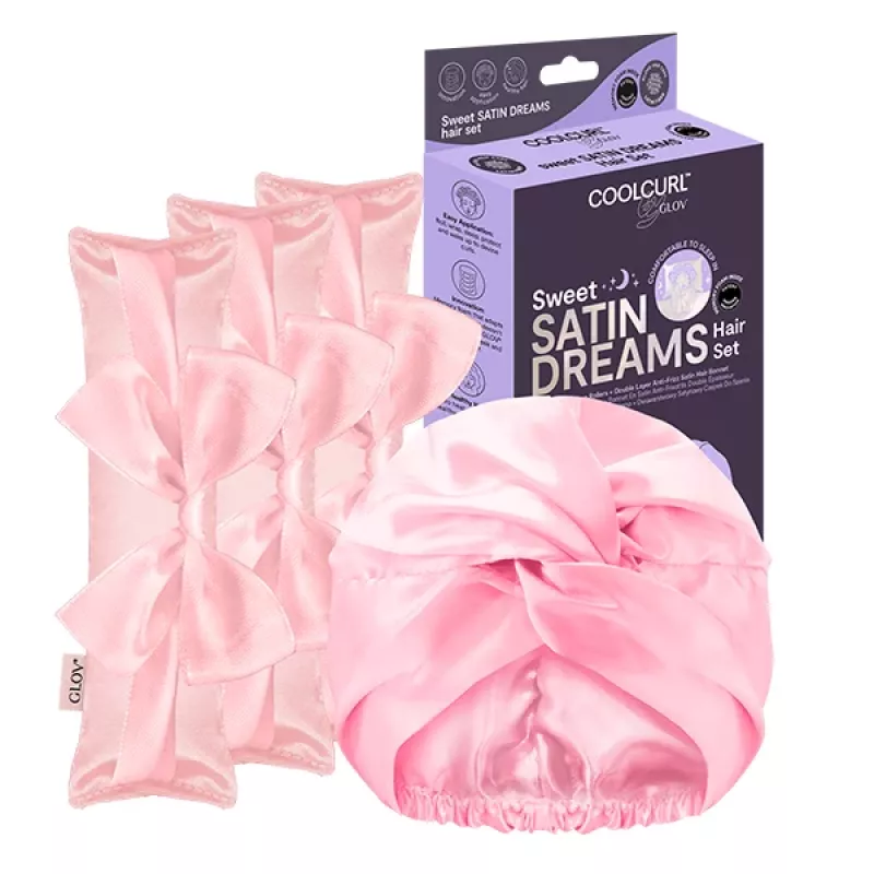 GLOV_SET Sweet Satin Dreams Heatless Hair Curlers 3pcs + Double-Layer Satin Sleep Cap 1pc Black