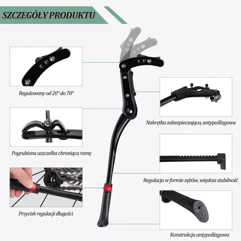 ROCKBROS Bicycle Kickstand JC1005BK - Melns, regulējams 345-400mm, alumīnija sakausējums, pretslīdes gumijas pēda, 24-29 collu riteņiem