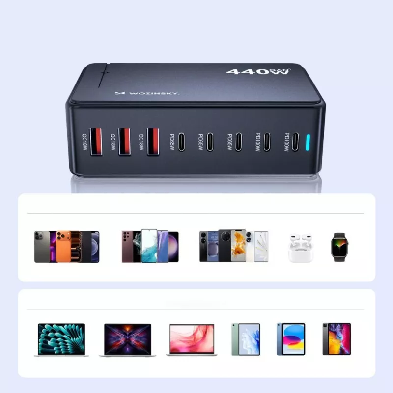 Wozinsky 240W GaN QC3 uzlādes stacija - Melna