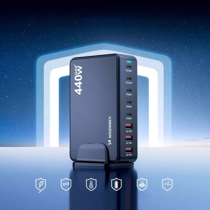Wozinsky 240W GaN QC3 uzlādes stacija - Melna