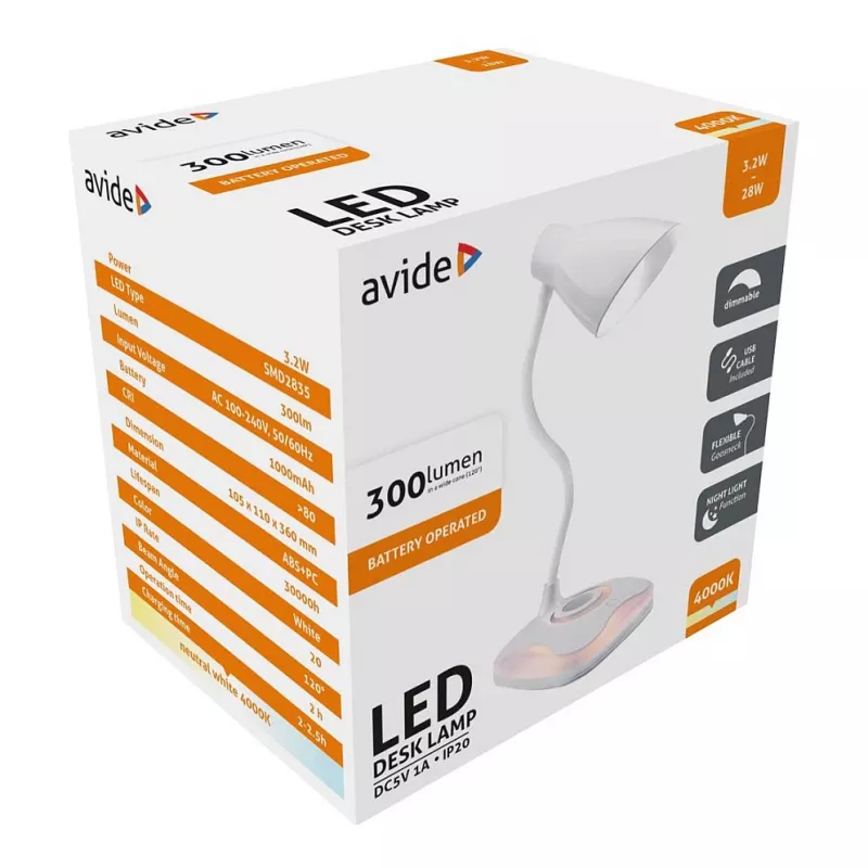 Avide LED galda lampa ar naktsgaismas funkciju USB 3.2W regulējama spilgtuma