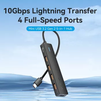 VENTION USB-C uz USB 3.2 Gen 2 Hub ar 100W PD, 0,15m, Melns
