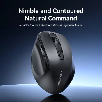 Vention KTMB0 Divrežīmu 2.4GHz + Bluetooth 5.1 Bezvadu optiskā pele, 6 pogas, 800-2400 DPI, Melna