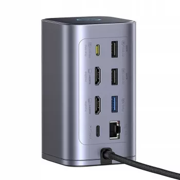 Baseus Air Spacemate 12-in-1 USB-C Hub, 2x HDMI 4K@60Hz, 2x USB-C 10Gbps, 2x USB-A 5Gbps, 2x USB-A 480Mbps, RJ45, SD/microSD, USB-C PD, Pelēks