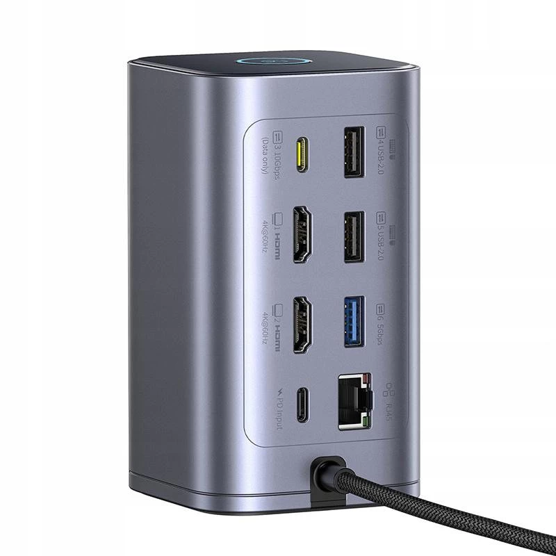 Baseus Air Spacemate 12-in-1 USB-C Hub, 2x HDMI 4K@60Hz, 2x USB-C 10Gbps, 2x USB-A 5Gbps, 2x USB-A 480Mbps, RJ45, SD/microSD, USB-C PD, Pelēks