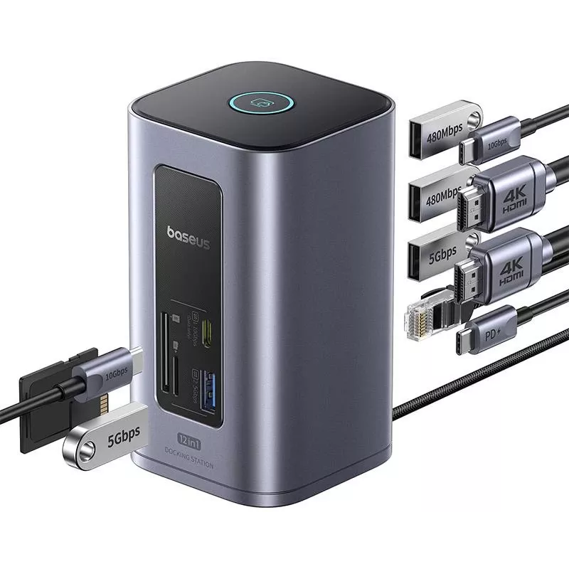 Baseus Air Spacemate 12-in-1 USB-C Hub, 2x HDMI 4K@60Hz, 2x USB-C 10Gbps, 2x USB-A 5Gbps, 2x USB-A 480Mbps, RJ45, SD/microSD, USB-C PD, Pelēks