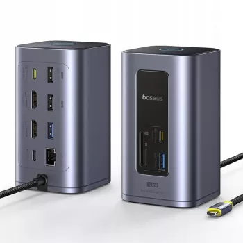 Baseus Air Spacemate 12-in-1 USB-C Hub, 2x HDMI 4K@60Hz, 2x USB-C 10Gbps, 2x USB-A 5Gbps, 2x USB-A 480Mbps, RJ45, SD/microSD, USB-C PD, Pelēks
