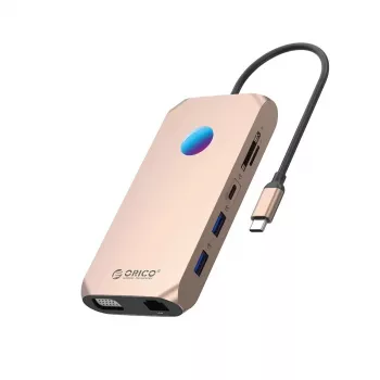 ORICO XCR 12-in-1 USB-C Docking Station ar RGB, 2x USB-A 3.1, 1x USB-A 2.0, 1x USB-C PD 100W, 1x USB-C 3.1, 2x HDMI 2.0 4K 60Hz, 1x VGA 1080p, microSD/SD 3.0, RJ45 Gigabit Ethernet, 3.5mm Audio CTIA - Rožu zelts