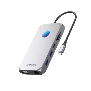ORICO XCR 12-in-1 USB-C Dokošanas stacija ar RGB, 3x USB-A 3.1, 1x USB-A 2.0, 1x USB-C PD 100W, 1x USB-C 3.1, 1x HDMI 1.4 4K 30Hz, 1x VGA 1080p, 1x microSD/SD 3.0, 1x RJ45 Gigabit Ethernet, 1x Audio CTIA 3.5mm - Pelēka