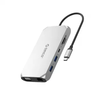 ORICO XCR 12-in-1 USB-C Docking Station, 3x USB-A 3.1, 1x USB-A 2.0, 1x USB-C PD 100W, 1x USB-C 3.1, 1x HDMI 1.4 4K 30Hz, 1x VGA 1080p, SD/microSD 3.0, RJ45 Gigabit, 3.5mm Audio, Sudraba