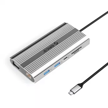 ORICO XDR 12-in-1 USB-C Docking Station ar 4K HDMI, VGA, Gigabit Ethernet, 100W PD, SD/microSD karšu lasītāju - Sudraba