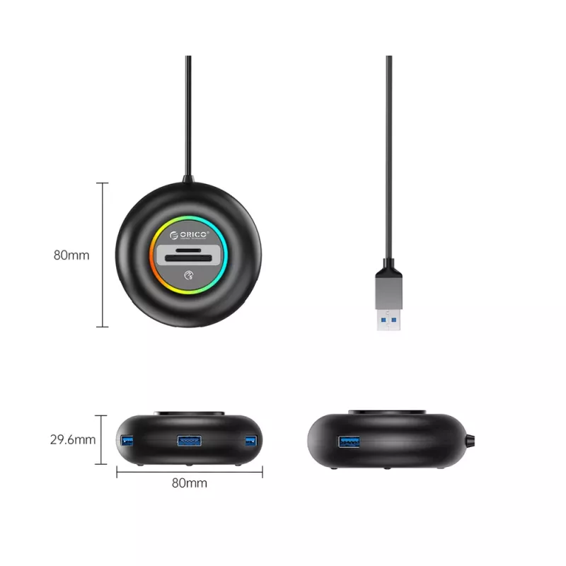 ORICO YXR4 RGB 4-Port USB-A 3.0 Hub ar SD un MicroSD karšu lasītāju, 1,8m kabelis, melns