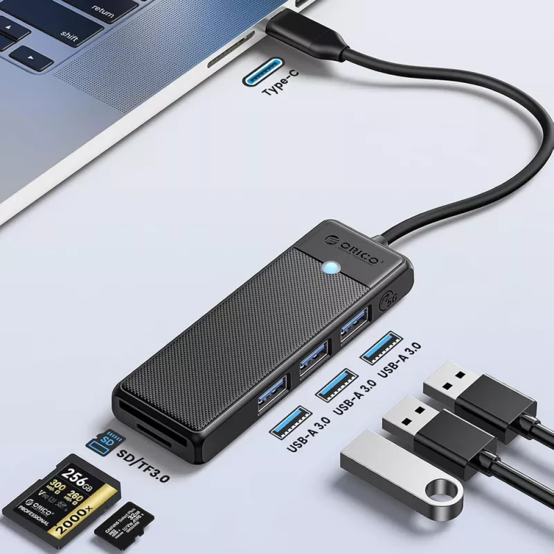 ORICO PAPW3AT-U3 4-Port USB 3.0 Hub ar SD/MicroSD karšu lasītāju, 1,8m kabelis, melns