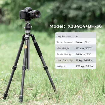 K&F Concept X284C4 Oglekļa šķiedras statīvs ar BH-36 lodveida galvu, 172cm/67.7in, 16kg/35.3lbs slodze, monopods, 4 sekciju vērpjami fiksatori, saderīgs ar Arca-Swiss