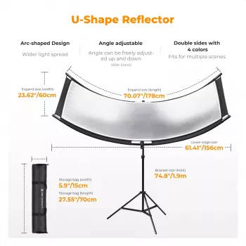K&F Concept U-Shape 4-in-1 Curved Reflector 180x60cm ar gaismas statīvu un pārnēsāšanas somu