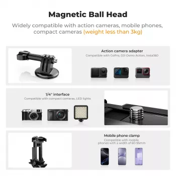 KF 3D lodveida galvas magnētiskā pamatnes stiprinājums GoPro viedtālruņa kamerai ar 1/4 collu vītni KF31.156 Melns