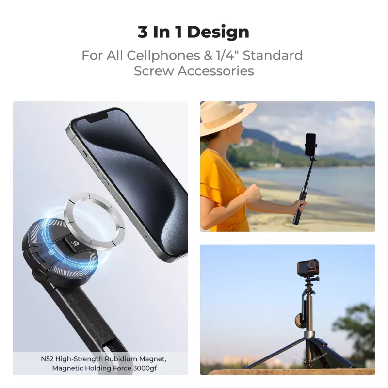 K&F Concept X97-C Selfie Stick Tripod 180 cm ar MagSafe magnētisko stiprinājumu un Bluetooth tālvadības pulti (Melns)