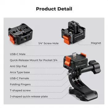 KF Quick Release Adapter ar USB-C uzlādi DJI Osmo Pocket 3/4, GoPro stiprinājums, 1/4 collu vītne, melns