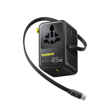 Baseus PicoGo AG11 45W 6-in-1 Universāls Ceļojumu Adapteris ar Izvelkamu USB-C Kabeli - Melns
