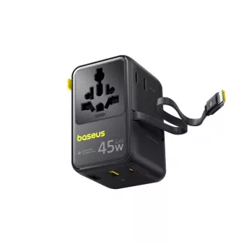 Baseus PicoGo AG11 45W 6-in-1 Universāls Ceļojumu Adapteris ar Izvelkamu USB-C Kabeli - Melns