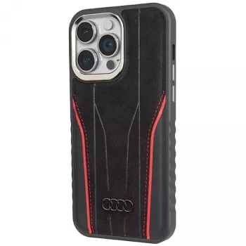 Audi Īstas ādas MagSafe iPhone 15 Pro 6.1 Melns-Sarkans Cietais Maciņš AU-TPUPCMIP15P-R8/D3-RD