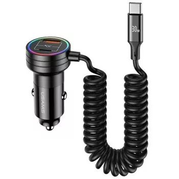 USAMS Auto lādētājs 60W 2xUSB-C 1xUSB-A ar spoles kabeli, ātrā uzlāde PD QC, melns CC167CC01