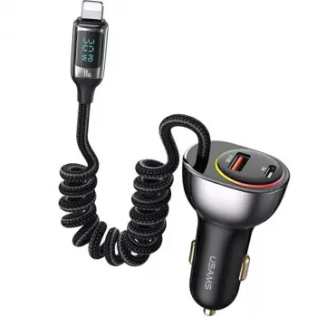 USAMS C37 Auto lādētājs 60W 1xUSB-A + 1xUSB-C PD+QC ātrā uzlāde ar Lightning kabeli 30W Melns CC193CC01 (US-CC193)