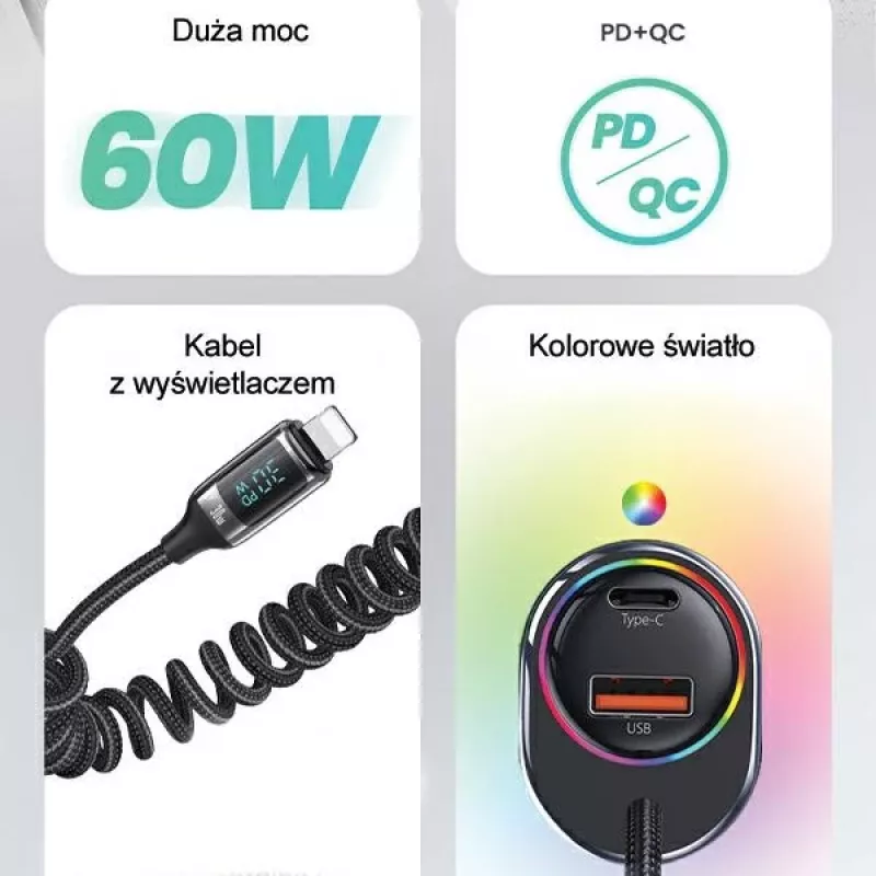 USAMS C37 Auto lādētājs 60W 1xUSB-A + 1xUSB-C PD+QC ātrā uzlāde ar Lightning kabeli 30W Melns CC193CC01 (US-CC193)