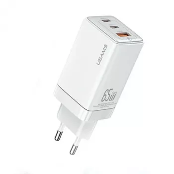 USAMS Sandru Series CC180TC02 GaN 65W USB-C Lādētājs (Balts) - 2xUSB-C + 1xUSB-A, PD3.0 & QC3.0 Ātrā uzlāde, EU Kontaktdakša