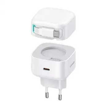 USAMS XMF Series CC202TC02 35W GaN USB-C sienas lādētājs ar ievelkamu USB-C kabeli, PD+QC, balts