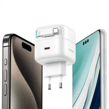 USAMS XMF Series CC202TC02 35W GaN USB-C sienas lādētājs ar ievelkamu USB-C kabeli, PD+QC, balts
